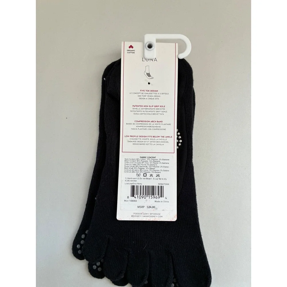 ToeSox Disney Luna Grip Socks Black Rhinestone Mickey Mouse Large Pilates